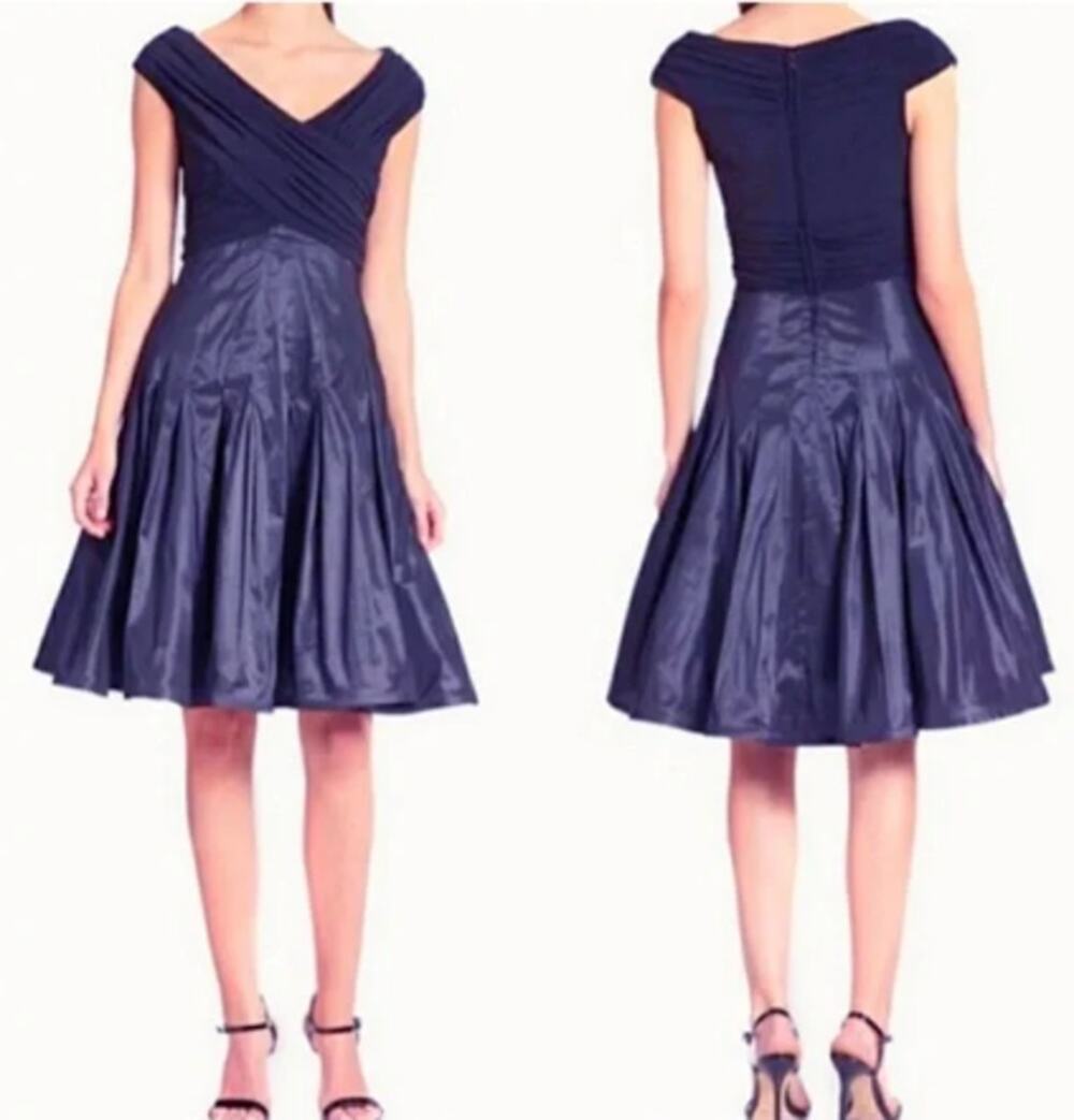 Tadashi Shoji Women Navy Blue Ruched Fit & Flare Cocktail Dress Taffeta Size 12